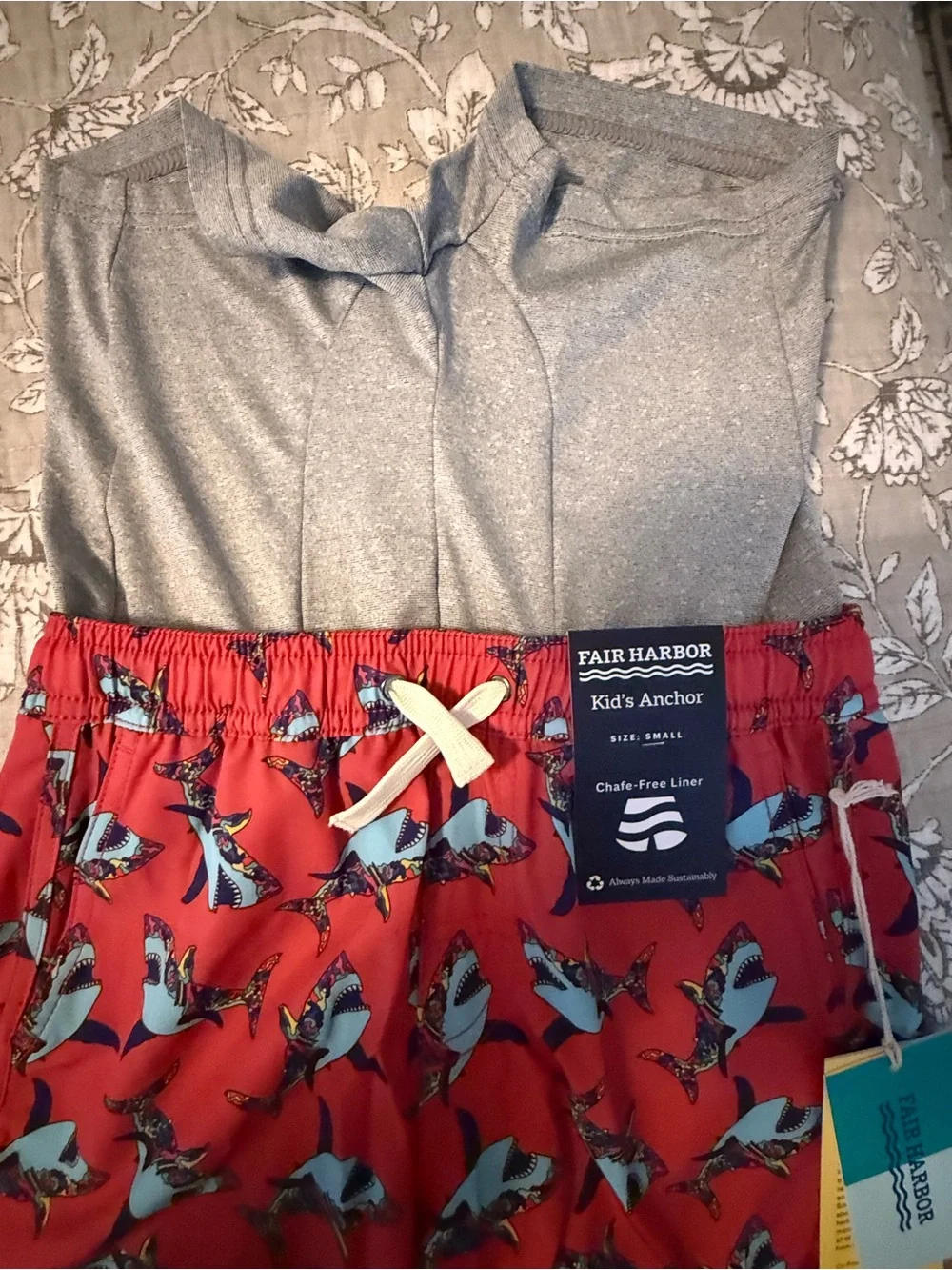 Fair Harbor Kids Red Swim Trunks with Blue Shark Print - New with tag